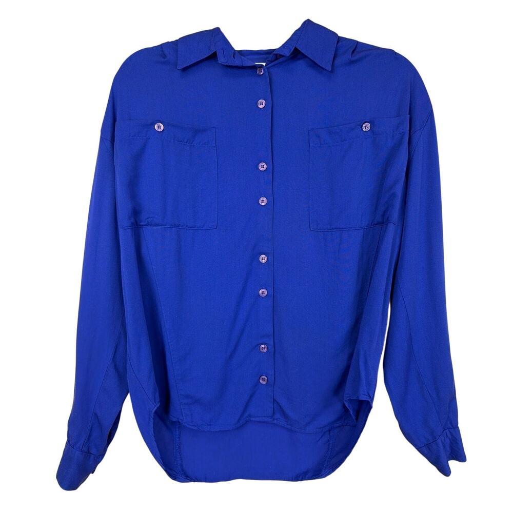 Vintage Nordstrom Cobalt Blue Button Up Blouse Hong Kong Top Size 4